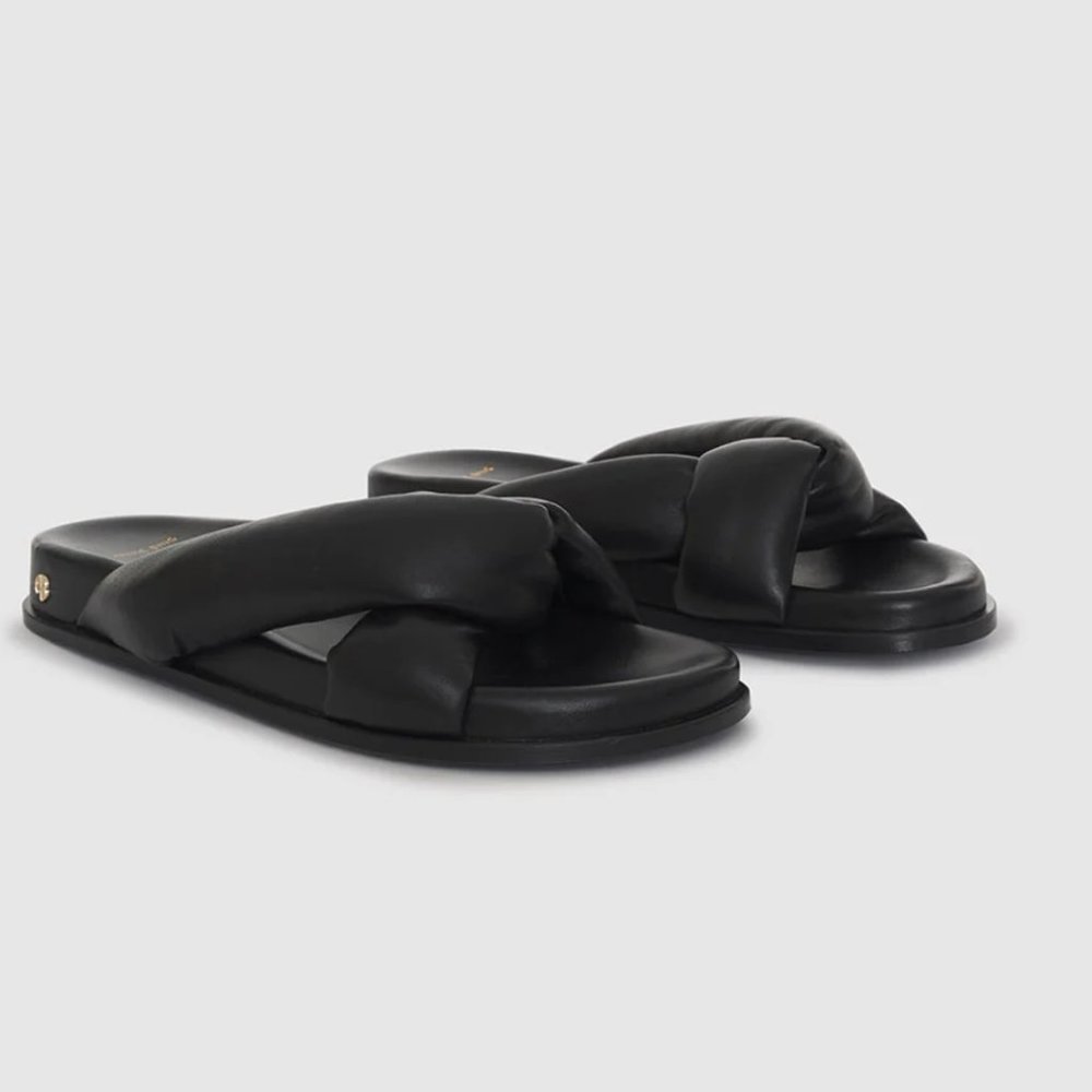❌SOLD❌Anine Bing Kiva Slide Sandals Sz 37 Black Leather Padded Crossover Straps - Picture 1 of 9